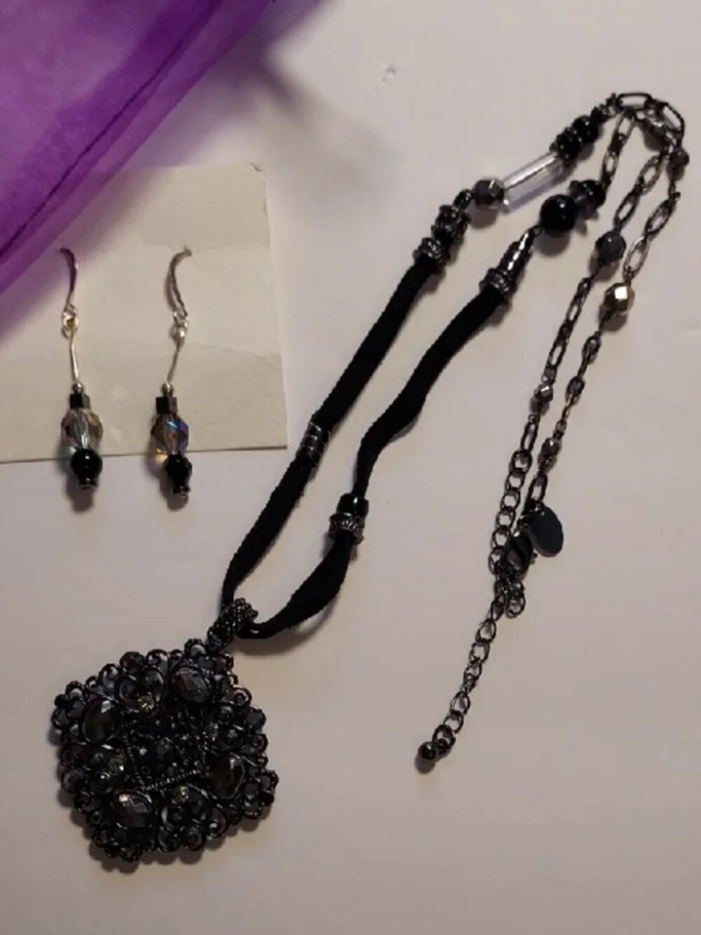Lia Sophia Necklace and Earring Set Hematite Crystal Obsidean Black